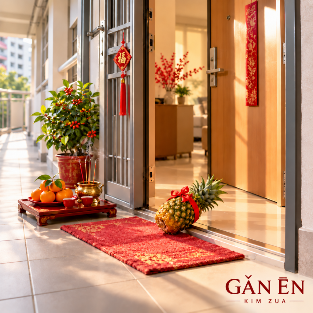 Door opening ritual at a Singapore HDB home with pineapple